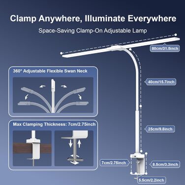 LED лампа настільна з регулюванням яскравості - 1500LM 24W, кріплення на прищіпці, з пультом дистанційного керування, 80см гнушкий шийка, USB-порт для зарядки, для офісу та дому (біле світло)