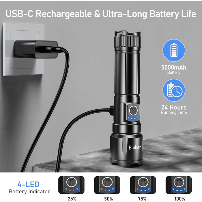 Ліхтар LED Blukar, перезарядний, надпотужний, з регулюванням фокусу, 5 режимів, водонепроникний IP67, для кемпінгу, туризму, риболовлі, надзвичайних ситуацій, чорний