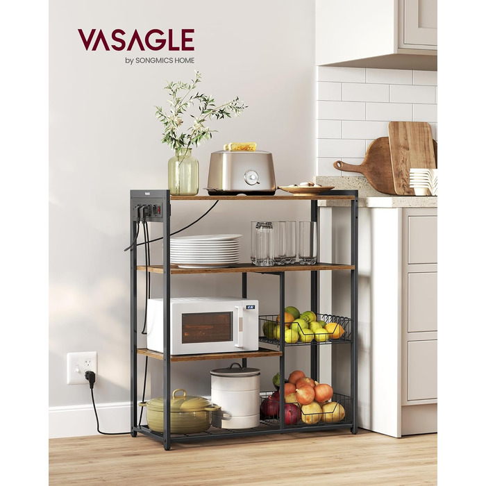 Стелаж кухонний VASAGLE з розетками, підлоговий з 2 металевими кошиками, стелаж пекаря з гачками, полиці, 35 x 80 x 93,5 см, індустріальний дизайн, вінтажний коричневий + чорний, KKS196K01
