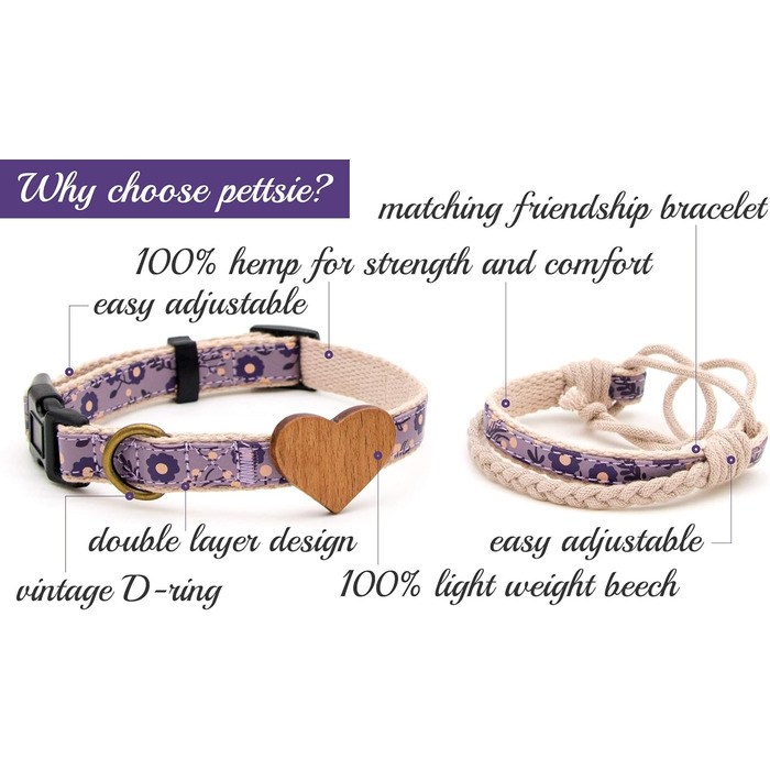 Нашийник для собак Pettsie з серцем та браслетом дружби, регульовані розміри S та M, комфортний дизайнерський льон, міцний та довговічний, чудовий подарунок для любителів собак, фіолетовий 35,6 - 50,8 см (M) Фіолетовий