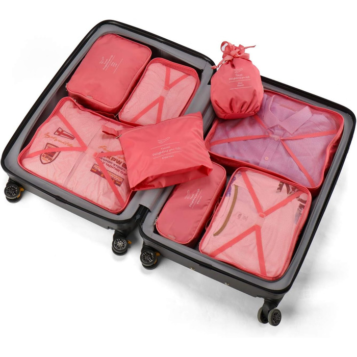 Органайзери для валізи: 8 комплектів, 7 кольорів. Організатори для подорожей, водонепроникні мішки для взуття, компресійні мішки. (Персиковий рожевий)