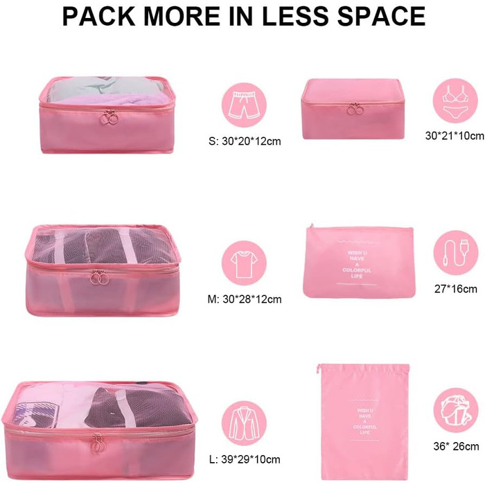 Органайзер для валізи OSDUE, набір 6 шт., Packing Cubes, водонепроникні сумки для одягу, туристичний органайзер для валізи (Рожевий)