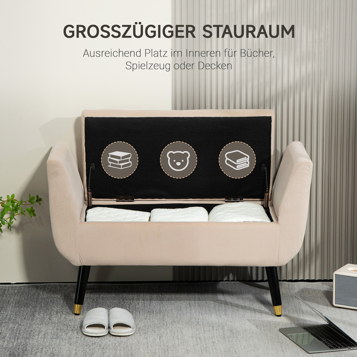 HOMCOM Luxury Bench with Storage, Armrests, and Trunk Bench, Velvet-like Polyester, Rubberwood, Beige, 107 x 42 x 65 cm | Aosom