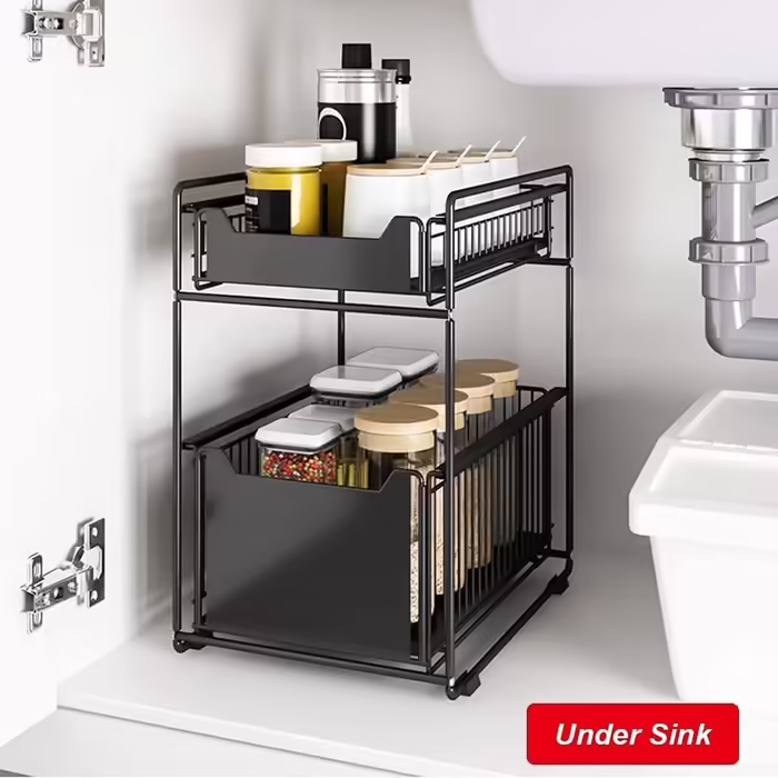 Under-Cabinet Organizer with 2 Levels, Adjustable Height, with Wooden Handle, Pull-Out Metal Basket for Kitchen and Bathroom (White)