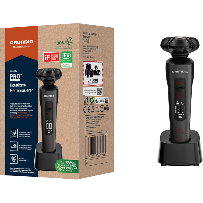 Електричний чоловічий бритва Grundig ProClub MS 9130 з датчиком BeardCare, леза з титану, вологе/сухе гоління, тример для довгої щетини, корпус з 61% переробленого пластику, матовий чорний/червоний