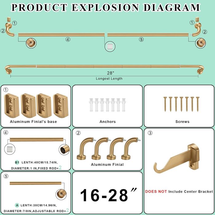 Штанга для штор Warmgold – діаметр 2,5 см, регульована штанга для затемнення з алюмінієвими наконечниками та кріпленнями, 71–381 см (2 шт. 16–28 см, тепле золото)