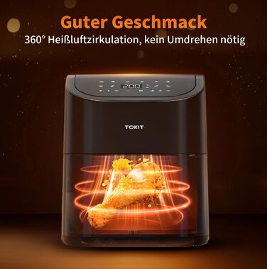 TOKIT Фритюрниця повітряна 1500W, 4.5L, 10 функцій, 360° циркуляція, низький вміст жиру, швидка приготування, компактна (чорний)