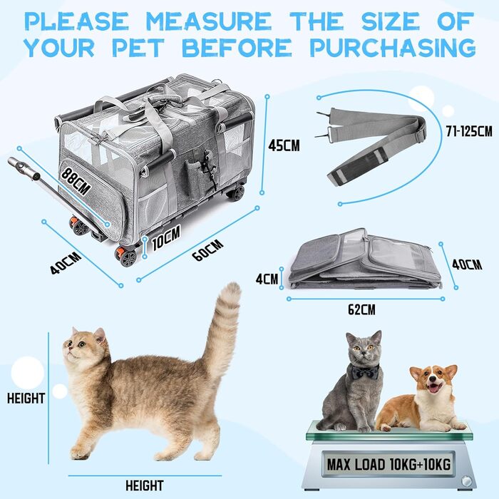 Велика переноска для тварин з двома відділеннями та колесами для кота/собаки, знімна та складана переноска для 2 котів до 20 кг, вентильована переноска-рюкзак для котів для подорожей/походів/кемпінгу