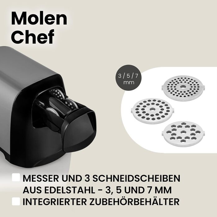 ZEEGMA Electric Meat Grinder - 1900W, Stainless Steel Plates, 3kg/min, Sausage Maker, Kubbe Maker, Chopping, Dicing, REV Function, Accessory Set - Silver