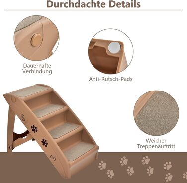 COSTWAY 4-Step Pet Staircase with Carpet, Dog Stairs Plastic Cat Stairs Folding, Portable Dog Ramp Pet Stairs for Dogs and Cats, Pet Ramp for Climbing and Scratching (Brown)