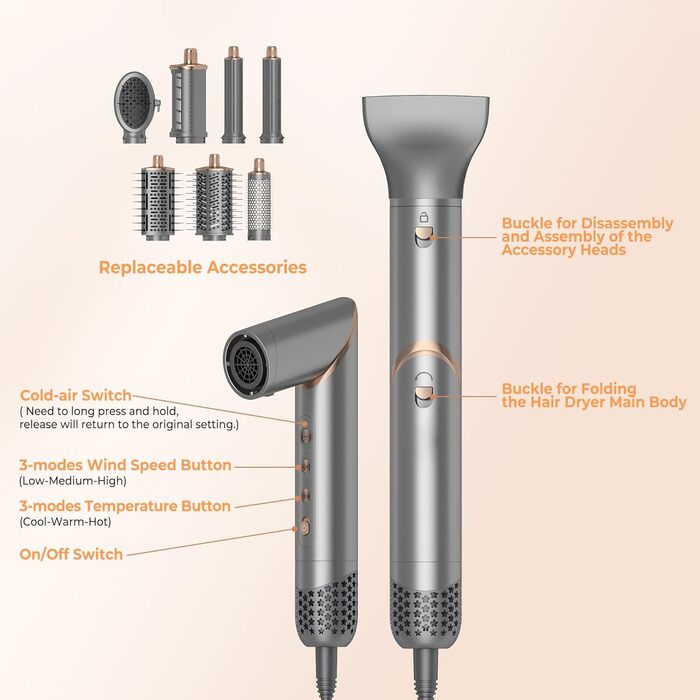 UKLISS 8-в-1 Pro Airstyler: Фен-щітка, локони, стайлер для волосся, 1400W, 110,000RPM, подарунок для жінок