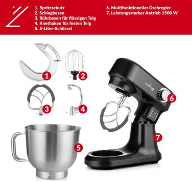Кухонний комбайн-міксер LEHMANN з набором аксесуарів, 1500 Вт, 12 швидкостей, чаша 5 л, захист від перегріву, планетарний міксер з 3 насадками та захистом від бризок, чорний