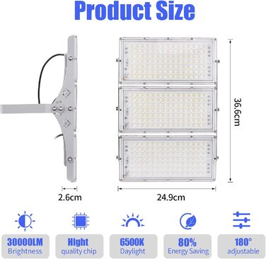 Bellanny LED Floodlight 300W 30000LM Spotlight, 6500K Cool White Light Floodlights - IP65 Waterproof Floodlight, Outdoor Wall Lights for Garden, Terrace, Garage, Sports Field, Factory, Workshop