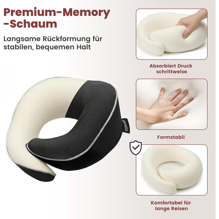 Подушка для шиї COSYLAND для літака та авто - Memory Foam, 360° підтримка, регульована, чорна. З маскою для сну та берушами