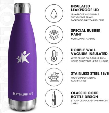 Термос-пляшка KollyKolla з нержавіючої сталі 500мл/750мл/1л, без витоку, ізольована, для дітей, спорту, школи, фітнесу, подорожей, кемпінгу (500 мл, нова | Темно-фіолетовий)