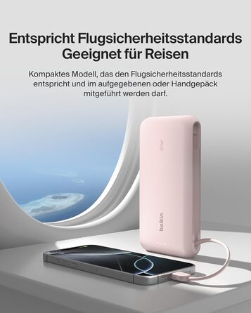 Повербанк Belkin Portable Powerbank 20000 mAh з вбудованим кабелем USB-C, швидка зарядка PD 30W для iPhone 16, iPad Pro, Samsung Galaxy S25, рожевий