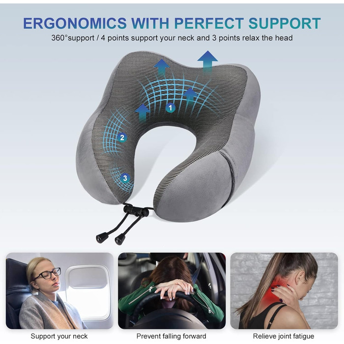 Подушка для шиї Eono з піною Memory Foam, ергономічна, для подорожей, з маскою для сну та навушниками, сіра