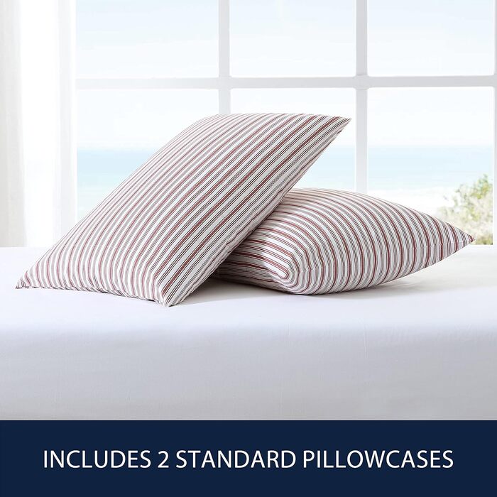 Nautica Standard Pillowcase Set, 2-Piece, Cotton Percale Bedding, Casual Home Decor (Coleridge Stripe Red, 50.8 x 76.2 cm)