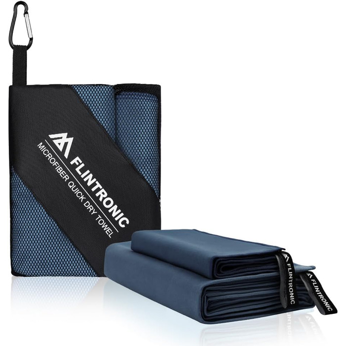Рушник мікрофібра Flintronic, 200x100 см, великий для ванни, швидковисихаючий, спортивний, туристичний, пляжний, для тренажерного залу, сауни (Морська синя, 180x60 см + 80x40 см)