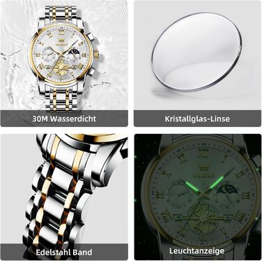 Годинник чоловічий OLEVS B1 з хронографом, водонепроникний, кварцовий, стильний, біле циферблат, золотисто-сріблястий браслет