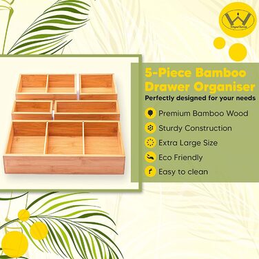 Bamboo Drawer Organizers, 5-Piece Set, with Various Compartments and Removable Dividers, Set of 5 Sturdy Wooden Storage Boxes with Extra Foot Pads for Home and Office