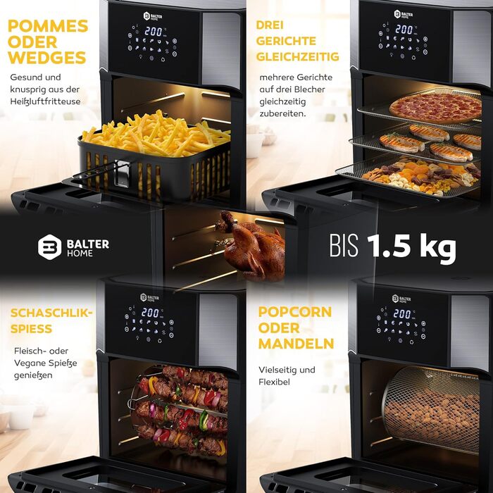 Мультипечі Airfryer Balter HL-1200 XXL: аерофритюрниця, міні-духовка та дегідратор 12л, 10 програм, чорна