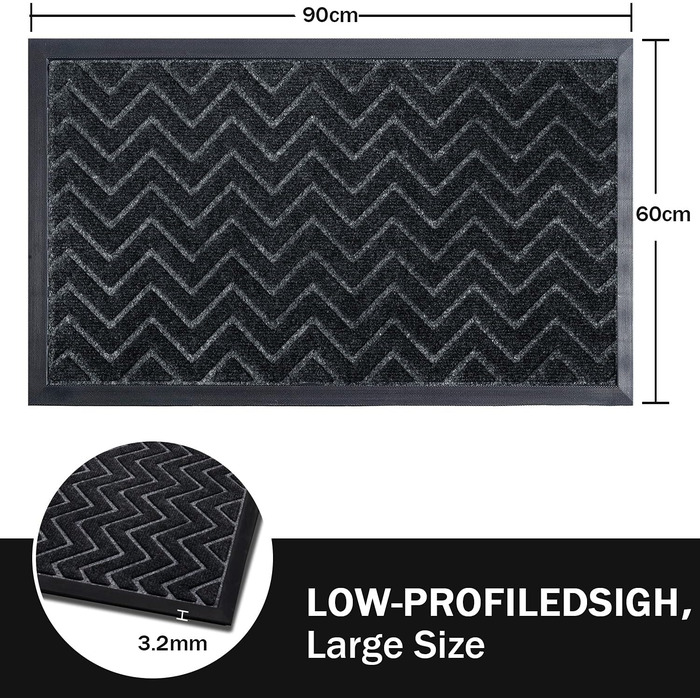 Гумовий килимок Purejoy 60x90 см для дому та вулиці. Нековзкий, миється, для входу. Темно-сірий, для низького порогу.