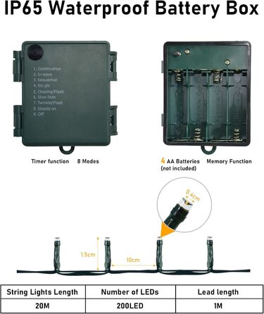 Гірлянда світлодіодна святкова, 30м, 300 LED, з таймером, 8 режимів, водонепроникна, зелений кабель, тепле біле світло, для декору, вечірок, саду, на різдво