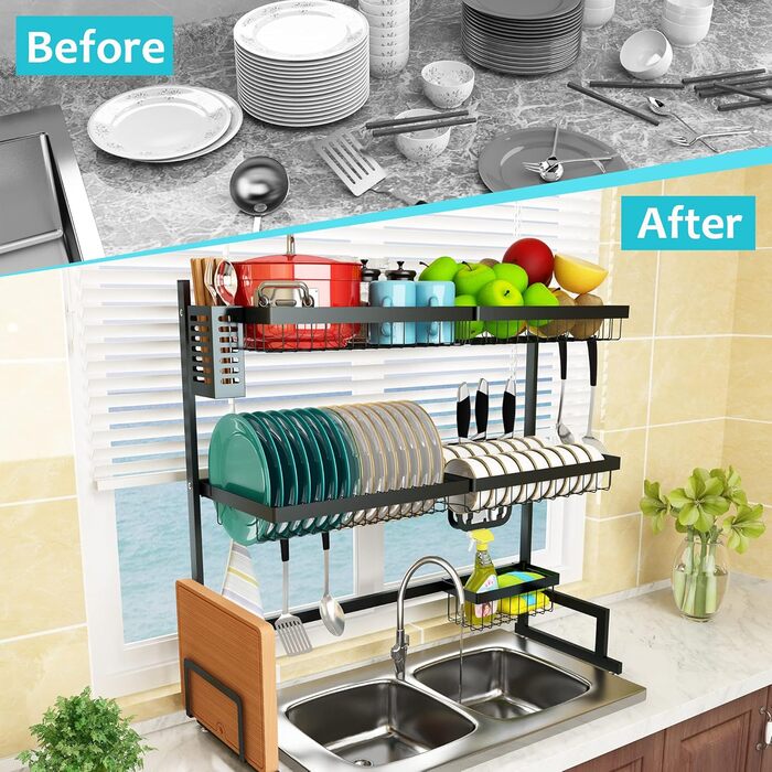 Сушарка для посуду на мийку, 3-ярусна, нержавіюча сталь, регульована (84-102 см), велика сушарка для стільниці (чорна)
