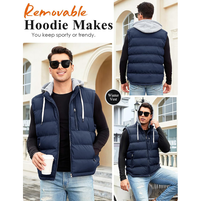 Чоловіча степна жилетка Vancavoo з капюшоном, тепла зимова жилетка для активного відпочинку, спортивна жилетка, перехідна куртка (темно-синій, L)