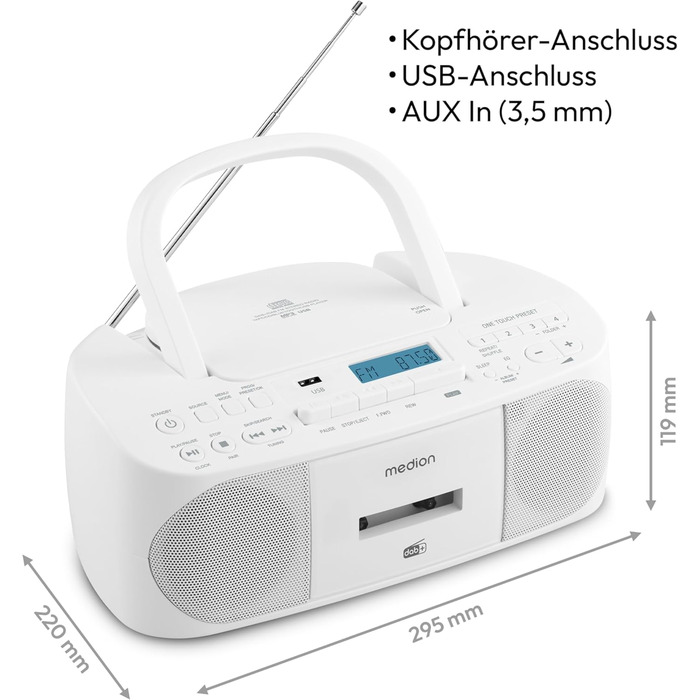MEDION DRX-1 Plus Boombox: радіо DAB+, Bluetooth, CD-плеєр, MP3, касетний, AUX, зелений