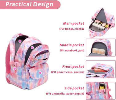 Шкільний рюкзак Tanou для дівчаток 3 шт. з ланч-боксами та пеналом, дихаючий, легкий, 22 л, для 3-9 класів, фіолетовий (рожева зірка)