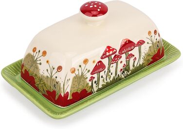 Fun Mushroom Butter Dish with Lid for Countertop - Ceramic, Red Mushroom Butter Container, Butter Tray, Large Butter Dish (White, Standard)