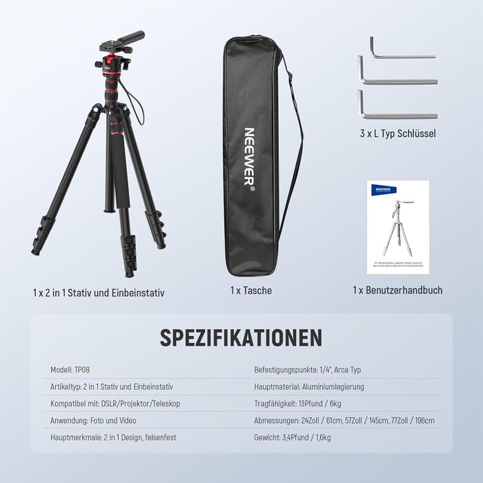 Штатив-монопод NEEWER BASICS TP08 для DSLR та відеокамер, компактний легкий штатив для подорожей з 360° кульковою головкою, Arca-типом швидкої зміни та реверсивною центральною колоною, навантаження до 6 кг