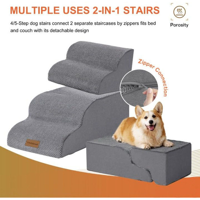 Trhillsbrad Dog Stairs, 5 Steps for Small Dogs, High-Density Foam Pet Stairs, Washable Cover and Non-Slip Bottom (Foldable Dog Stairs, 4 Steps)