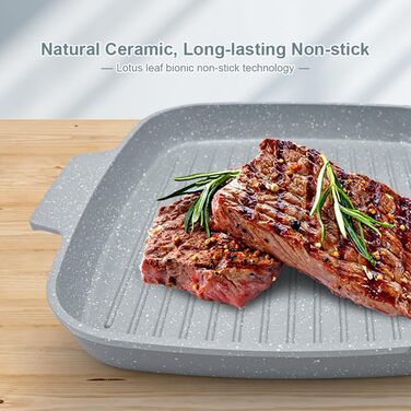 Гриль-сковорода з кришкою 26x24 см з антипригарним керамічним покриттям, знімною ручкою, блакитна