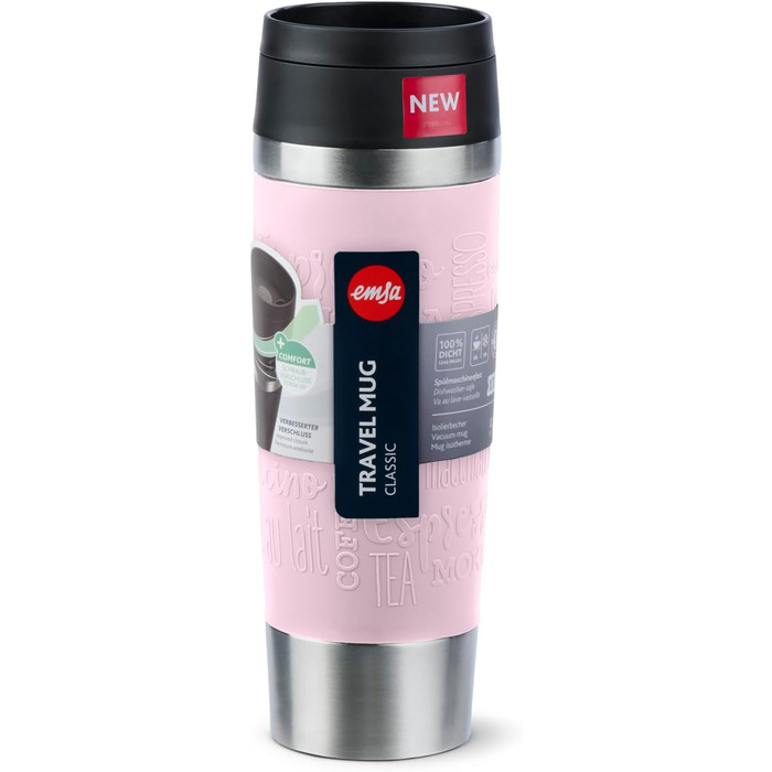 Термокружка Emsa N20220 Travel Mug Classic, 0.5 л, нержавіюча сталь, 6 год гаряча, 12 год холодна, щільна, для подорожей, з невеликим отвором для пиття, пастельно-рожевий колір