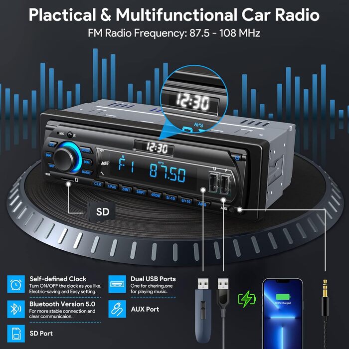 Автомобільна магнітола RDS Bluetooth 9-24V, FM/AM 1DIN, гучний зв'язок, 7 кольорів підсвітки, 2 USB, MP3-плеєр, AUX, SD, незалежний годинник, 30 радіостанцій