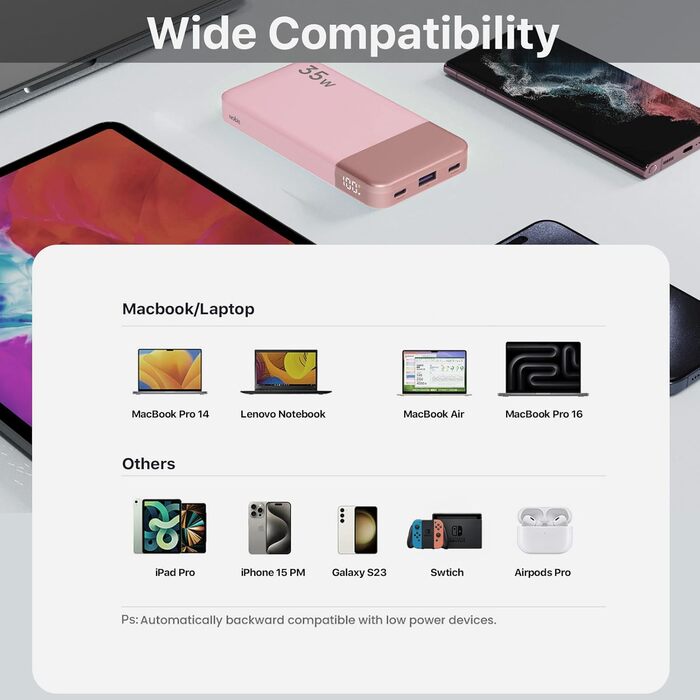 Power Bank NOBIS 35W 10000mAh з цифровим дисплеєм, USB-C, PD, QC, рожевий