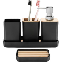 Набір аксесуарів для ванної кімнати Volumoon 5 шт. з бамбука: миловарка, стаканчик для зубної щітки, миловарка, мильниця, чорний. Декоративні аксесуари для ванної та умивальника.