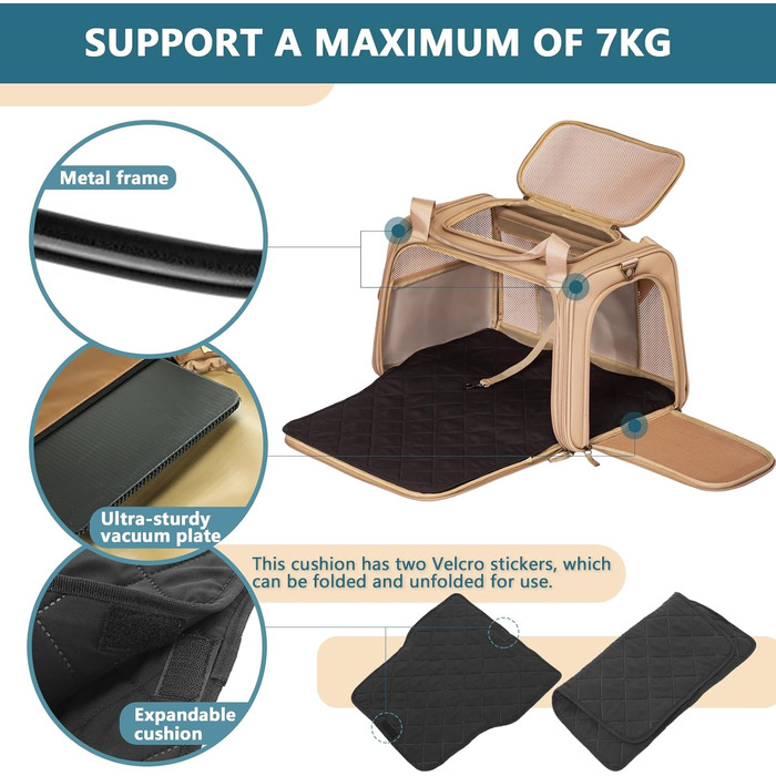 Переносна сумка-переноска для котів та собак Petsfit, розкладний дизайн, з м'яким килимком, 47L x 30B x 30H см (Хакі)