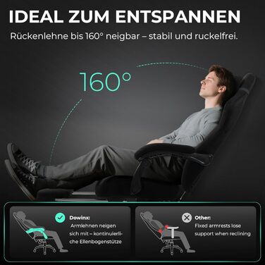 Ігровий крісло Dowinx з ергономічною підтримкою попереку, регульованою підголівником, посиленим сидінням, висувною підніжкою, регульованими підлокітниками, мікрофібровим велюром, нахилом 160°, чорне