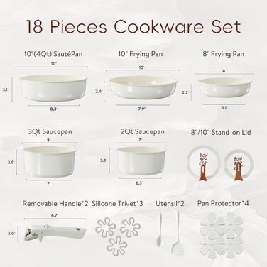 Набір посуду Carote 18 предметів: каструлі та сковороди з керамічним антипригарним покриттям, знімні ручки, індукція, кремово-білий