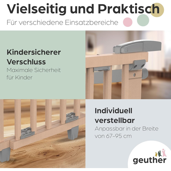 Захист для сходів Geuther Oris | Дверний замок для сходів з кріпленням, ширина 67-95 см | Дверний замок з розсувною дверцятами | Дерев'яне дитяче захисне ворота, натуральний лак 67-95 см