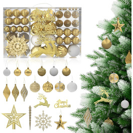 Набір прикрас для ялинки Aufun 108 шт. Преміум якість, пластик, з верхівкою, ялинкові кулі, зірки, безпечні прикраси, ялинкові кулі багаторазового використання, декор для ялинки (шампань, срібло)
