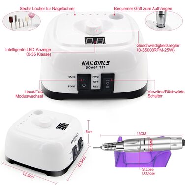 Електричний фрезер для нігтів NAILGIRLS 11 в 1 з педалем, 35000 об/хв - манікюр та педикюр