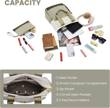 LOVEVOOK Рюкзак для жінок, великий, 15.6 дюймів, рюкзак для ноутбука, шкільний рюкзак, для підлітків, водонепроникний, сумка для роботи, сумочка 2 в 1, сумка для навчання, рюкзак для подорожей, університету, бізнесу, бежевий хакі 15.6' (13,3 дюймів, світл