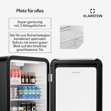 Klarstein Audrey Evo: Холодильник для напоїв 68L, ретро-дизайн, LED-підсвітка, подвійне скло, 0-10°C, клас енергоефективності C, регульовані ніжки, чорний
