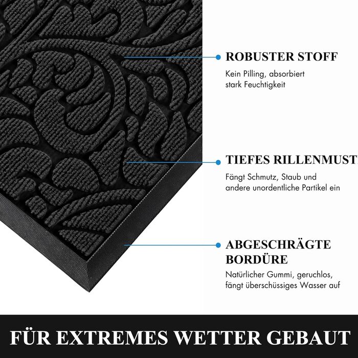 Килимок для дому та вулиці Yimobra, 75 x 43 см, чорний - миючий, неслизький, для входу, тераси, саду