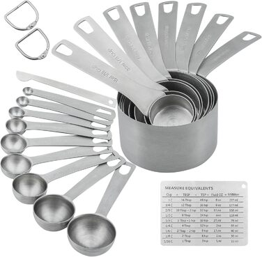 Measuring Cup and Spoon Set, 18/8 Stainless Steel - 8 Measuring Cups and 9 Measuring Spoons with Leveler and Measuring Equivalents, Kitchen and Baking Measuring Cups and Spoons 19-Piece Set